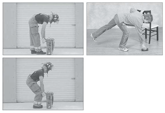 Photos showing two correct lifting techniques: the squatting technique and the "golfer's lift"