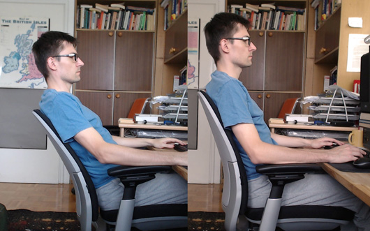 Steelcase Amia in the maximum recline position (left) and the upright lock position (right)